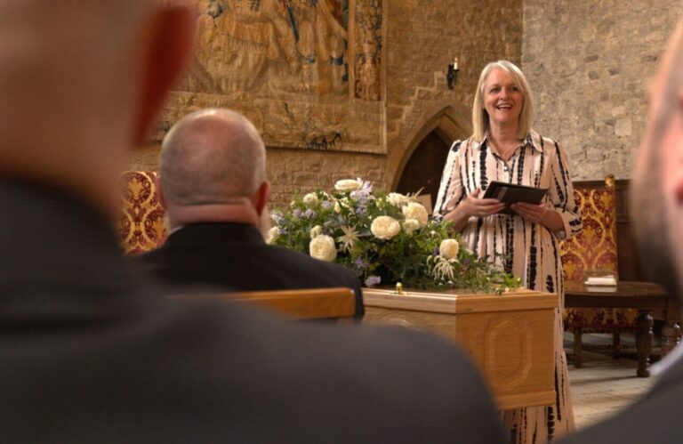 Celebration of life ceremony in the great hall of Allington Castle 768x499